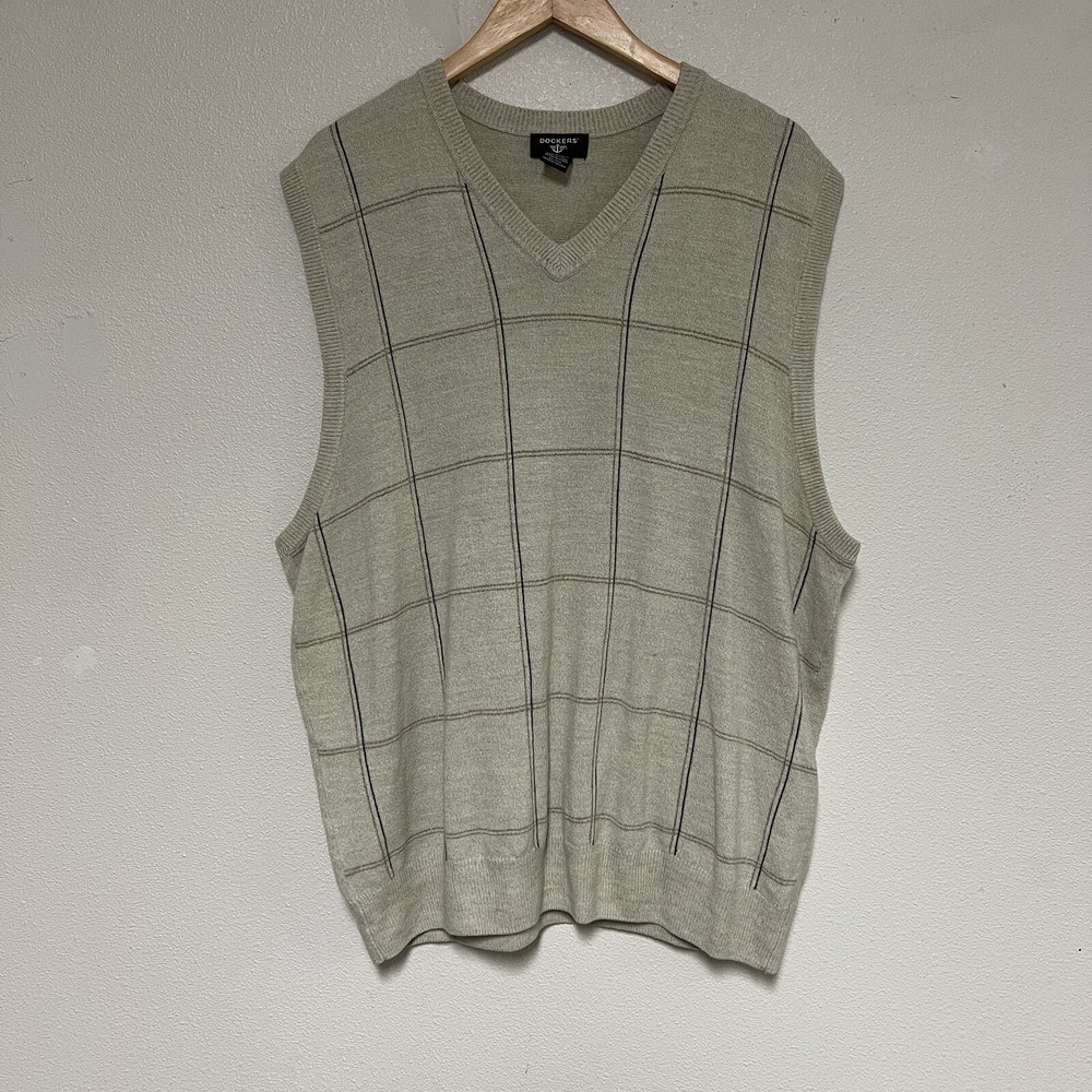Dockers Beige Brown Plaid V-Neck Sweater Vest Size XXL 100% Acrylic EUC